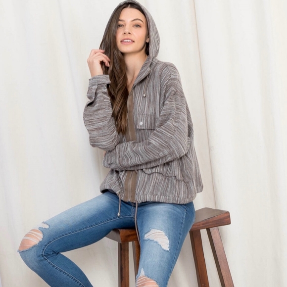 LAST 1❗️Casual Chic Brown Charcoal Oversized Woven Hoodie Jacket - Picture 5 of 8